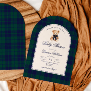Oude teddybeer Preppy marineblauwe ruit baby showe Kaart
