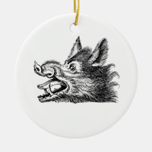Oude tekening van een wild zwijnenhoofd zwart-wit keramisch ornament