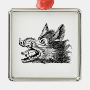 Oude tekening van een wild zwijnenhoofd zwart-wit metalen ornament