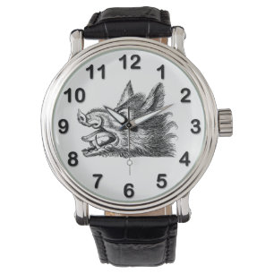 Oude tekening van een wild zwijnenkop zwart-wit horloge
