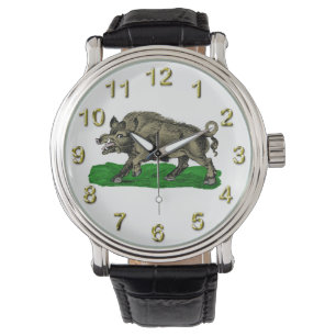 Oude tekening van wild zwijn zwart-wit #3C Horloge