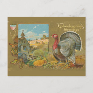 Oude Thanksgiving-groet kalkoen en boerderij Briefkaart