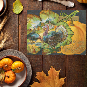 Oude Thanksgiving-groet kalkoenen en pompoen Briefkaart