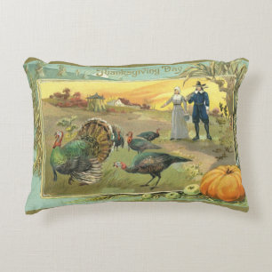 Oude Thanksgiving met kalkoenen en pelgrims Accent Kussen