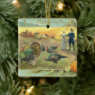 Oude Thanksgiving met kalkoenen en pelgrims Keramisch Ornament