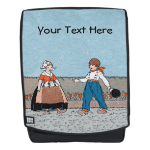 Oude tijd Nederlandse kinderen Klompen Rode tulpen Rugtassen