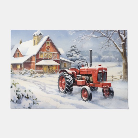 Oude Tractor en Schuur Snowy Winter Boerderij Kers Deurmat (Voorkant)