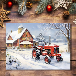 Oude Tractor en Schuur Snowy Winter Boerderij Kers Feestdagen Kaart