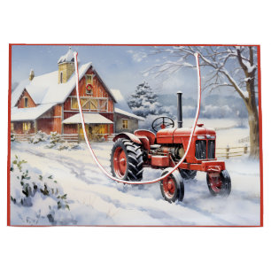 Oude Tractor en Schuur Snowy Winter Boerderij Kers Groot Cadeauzakje