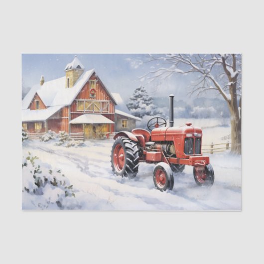 Oude Tractor en Schuur Snowy Winter Boerderij Kers Tissuepapier (Voorkant)