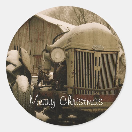 Oude Tractor in Sneeuw Kerstmis Envelop Seal Ronde Sticker (Voorkant)