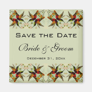 Oude trouwerij save the date kolibries bloemen magneet