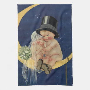 Oude trouwerij, Schattig bruidspaar op een maan Theedoek