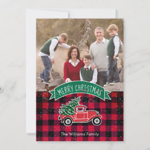Oude Truck Rode Buffalo Plaid Vakantie Fotokaart Feestdagenkaart