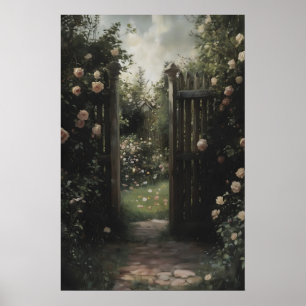 Oude Tuin Muur Kunst Romantische Roos Cottagecore Poster