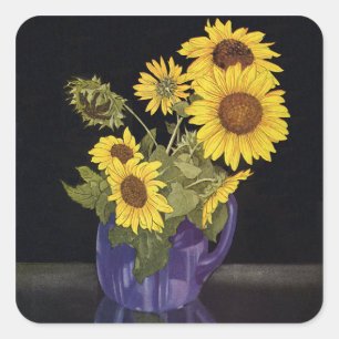 Oude tuin zomer zonnebloem bloemen in een vaas vierkante sticker