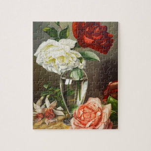 Oude tuinrozen in een glazen vaas legpuzzel