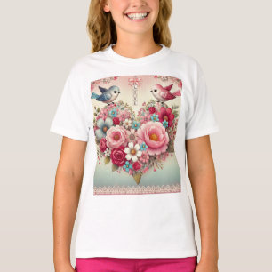 Oude Valentijnsdag bloemen/vogels/hartjes T-shirt