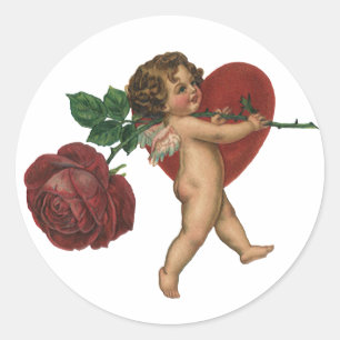 Oude Valentijnsdag Cherubijn en Victoriaanse Roos Ronde Sticker