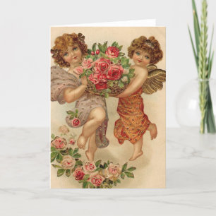 Oude Valentijnsdag Cherubs met bloemen Feestdagen Kaart