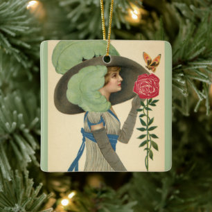Oude Valentijnsdag, Dame Rode Roos Vlinder Keramisch Ornament