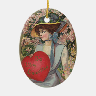 Oude Valentijnsdag, Elegante Dame met Hart Keramisch Ornament