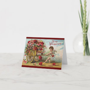 Oude Valentijnsdag engel, Kar met liefdeshartjes Feestdagen Kaart