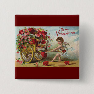 Oude Valentijnsdag engel, Kar met liefdeshartjes Vierkante Button 5,1 Cm