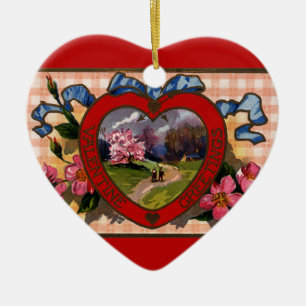 Oude Valentijnsdag Groeten Hart en Bloemen Keramisch Ornament
