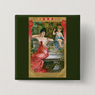 Oude Valentijnsdag, Victoriaanse dame met cherubij Vierkante Button 5,1 Cm
