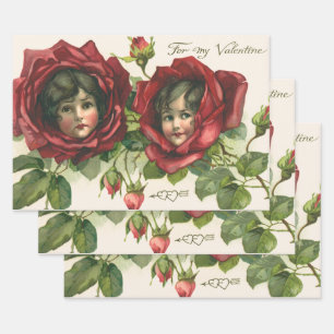Oude Valentijnsdag, Victoriaanse gezichten in roze Inpakpapier Vel