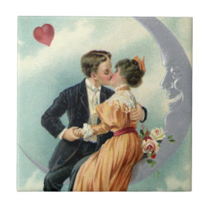 Oude Valentijnsdag Victoriaanse kus op de maan Tegeltje