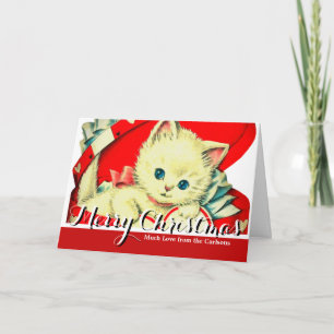 Oude Valentijnswitte kitten in rode hartendoos Feestdagen Kaart