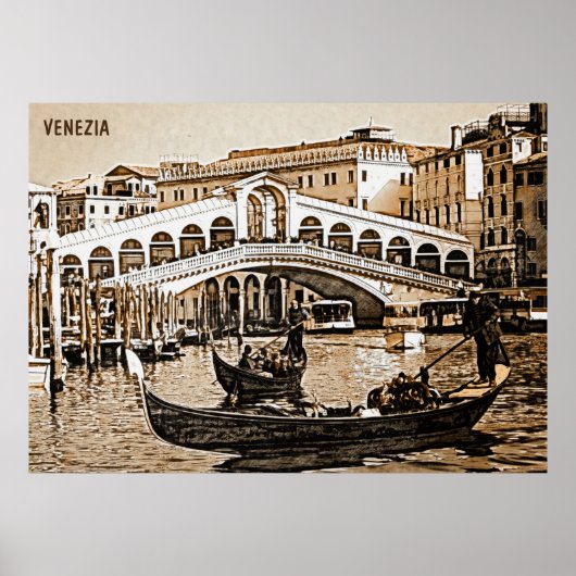 Oude Venetië Rialto Bridge Gondola Etching Poster (Voorkant)