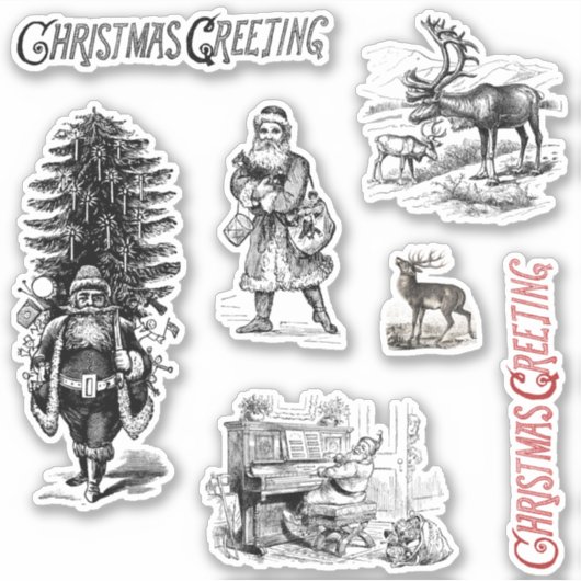 Oude Victoriaanse Kerst Groet Santa Herten  Sticker (Voorkant)