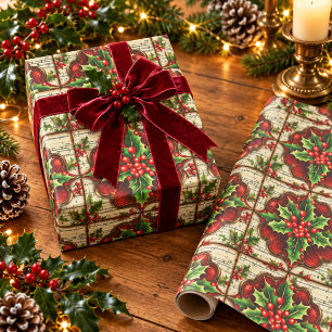 Oude Victoriaanse Kerst Hulst Rode Bessen Cadeaupapier