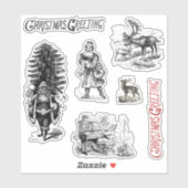 Oude victoriaanse kerstgroet Santa hert  Sticker (Vel)