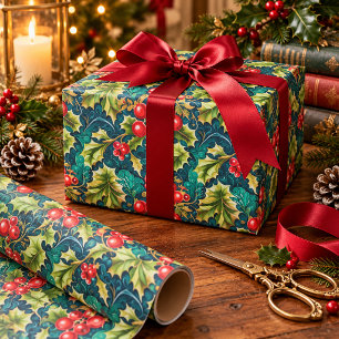 Oude Victoriaanse Kerstmis Hulst en Bessen Cadeaupapier