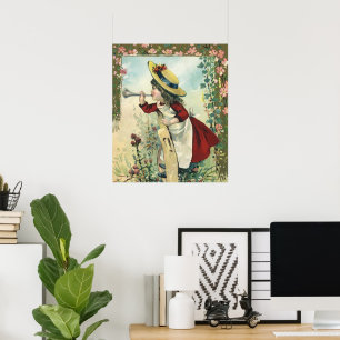 Oude victoriaanse kind, meisje dat bugel blaast we poster