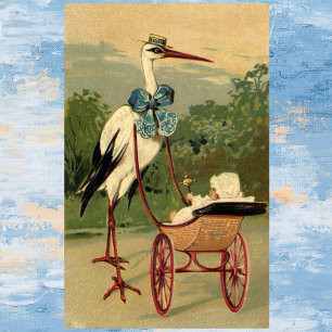 Oude victoriaanse ooievaar en kinderwagen poster