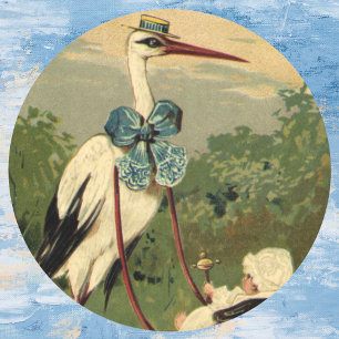 Oude victoriaanse ooievaar en kinderwagen ronde sticker