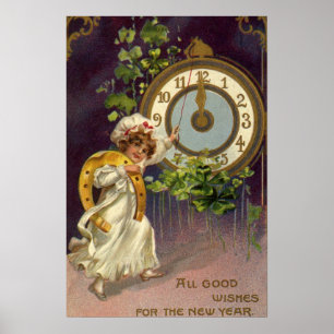 Oude victoriaanse Oud en Nieuw, klok middernacht Poster