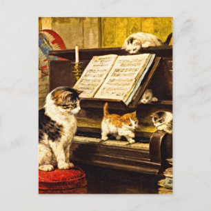 Oude Victoriaanse Pianoles Kitten Schilderij Briefkaart