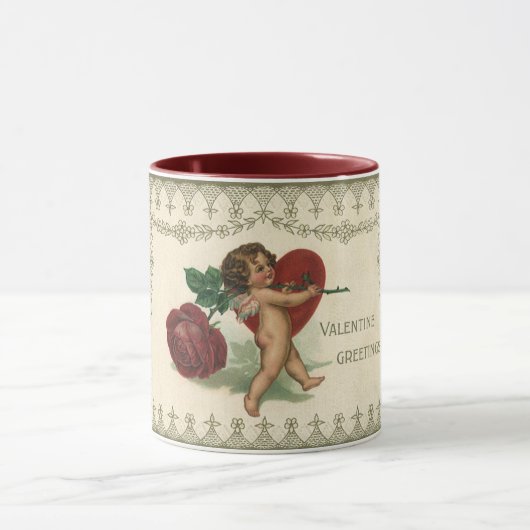 Oude Victoriaanse Valentijn cherubijn, roos en har Mok (Midden)