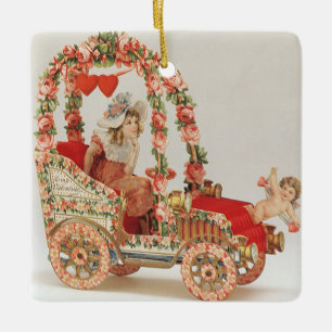 Oude Victoriaanse Valentijnsdag, Auto met Bloemen Keramisch Ornament