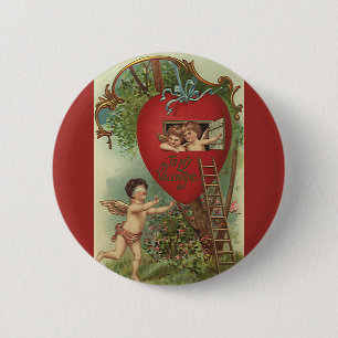 Oude Victoriaanse Valentijnsdag Cherubs Boomhut Ronde Button 5,7 Cm