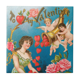 Oude victoriaanse Valentijnsdag engelen & harten Tegeltje
