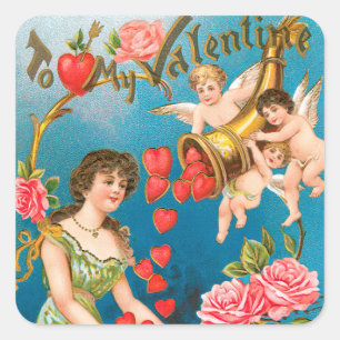 Oude victoriaanse Valentijnsdag engelen & harten Vierkante Sticker
