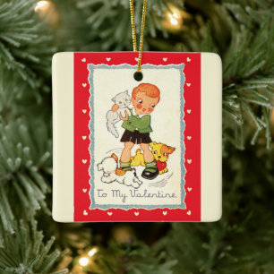 Oude victoriaanse Valentijnsdag-jongen, kat en hon Keramisch Ornament