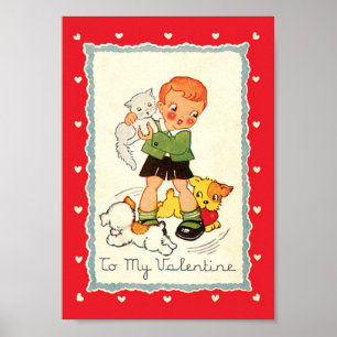 Oude victoriaanse Valentijnsdag-jongen, kat en hon Poster
